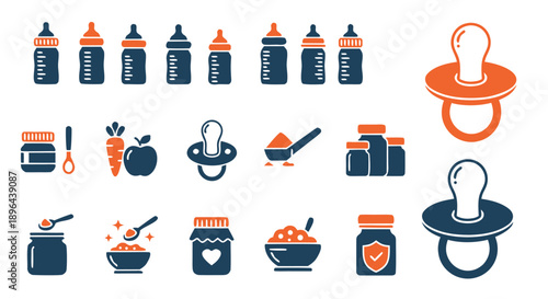 A comprehensive vector icon set depicting various essential items for baby care and feeding, including bottles, pacifiers, and nutrition products for infants