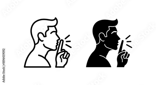 Man making 'shush' gesture icon, symbolizing silence, discretion, or a secret. A clear graphic concept for quiet communication and confidentiality