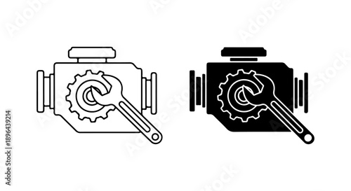 Automotive engine repair and maintenance service icon set, featuring a motor, wrench, and gear, symbolizing vehicle mechanics and technical support solutions