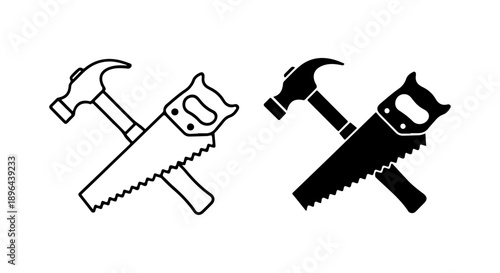 Crossed hammer and handsaw vector icon set, symbolizing essential construction, carpentry, and DIY tools in outline and solid designs for all building projects
