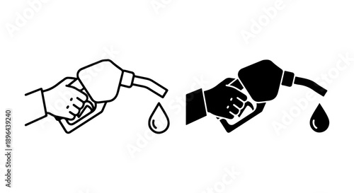 Hand holding gas pump nozzle with dripping fuel drop icon, symbolizing energy consumption, vehicle refueling, and transportation costs in vector illustration