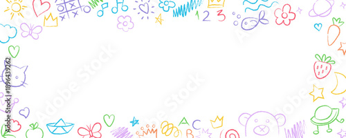 Hand drawn kids doodle frame with playful sketches in crayon style. Cute child kindergarten drawing border. Wax texture background. Playful chalk paint art.