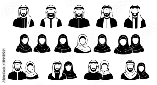 Middle Eastern People Vector Avatars Collection Diverse Group of Men and Women in Traditional Attire and Headwear, Flat Icon Set