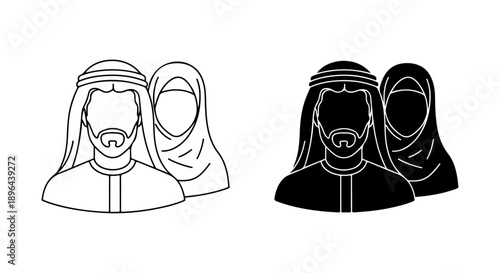 Diverse Middle Eastern Couple Icons Traditional Arab Man and Woman Representing Cultural Identity, Unity, and Community Connection as Silhouette and Outline Graphics