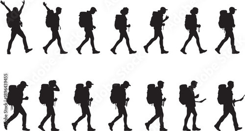 Set of silhouettes showing a hiker walking and hiking in different poses