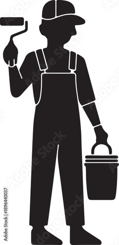 Silhouette of a person in overalls and a cap holding a paint roller and a paint bucket, conveying a painting or maintenance theme