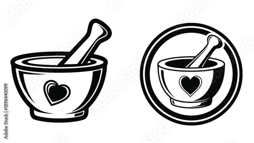 Dual Mortar And Pestle Set With Heart Motif Symbolizing Herbal Compounding, Pharmaceutical Formulation And Alternative Medicine Product Development Vector Illustration