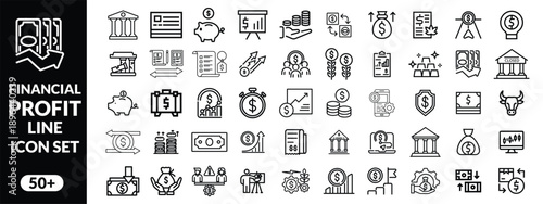 Financial profit line icon set. Containing Money income, money savings, earnings, money, cash, investment, financial growth and more. Editable stroke. Vector illustration