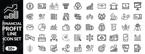 Financial profit line icon set. Containing Money income, money savings, earnings, money, cash, investment, financial growth and more. Editable stroke. Vector illustration
