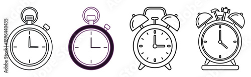 Alarm clock and stopwatch set collection featuring time measurement icons for schedules and vector