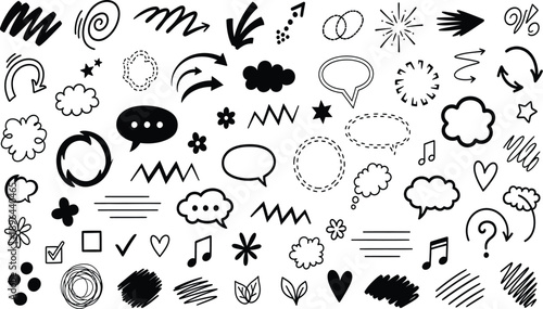 Collection of hand drawn cartoon speech bubbles and emotive symbols