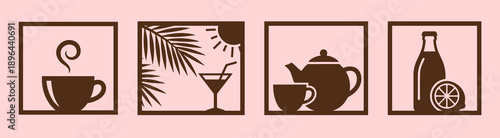 A collection of four flat vector icons representing different drinks including hot coffee summer cocktail tea and fresh citrus juice