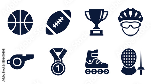 Collection of flat dark blue sports icons representing various activities like basketball football cycling skating fencing and competitive winning awards