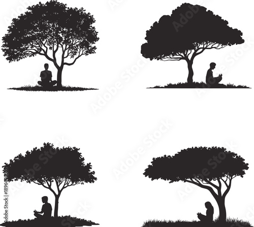 Minimalist Black Silhouettes of People Meditating in Yoga Lotus Pose Under Large Shady Trees for Wellness and Mental Health Designs,