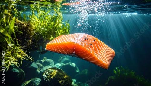 fresh Salmon Swimming Underwater in Clear River