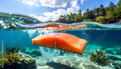 fresh Salmon Swimming Underwater in Clear River
