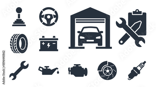 Collection of black silhouette icons for automotive maintenance garage services vehicle repair shop mechanical tools and transportation equipment for web design