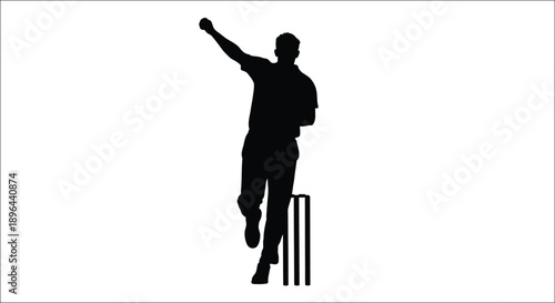 A cricket bowler in action mid delivery with raised arm silhouette