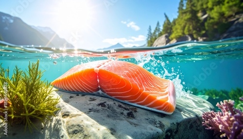 fresh Salmon Swimming Underwater in Clear River