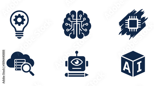 Collection of flat vector icons representing machine learning data processing cloud storage smart technology and creative automation for modern business software applications
