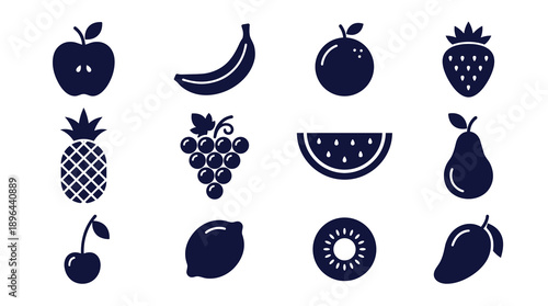 A collection of twelve flat minimalist fruit icons including apple banana orange strawberry pineapple grapes watermelon pear cherry lemon kiwi and mango