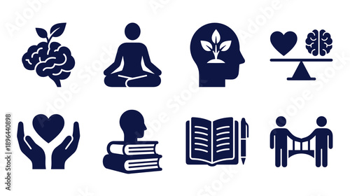 A collection of flat vector icons symbolizing mental wellness growth mindset meditation emotional intelligence support education and psychological health for therapy