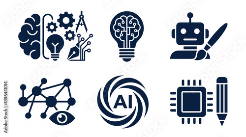 Set of dark blue icons depicting machine learning concepts including robotic art neural networks brain innovation and digital design technology elements