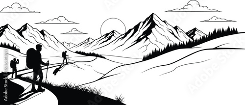 A serene mountain landscape with a hiker standing on a path overlooking majestic peaks and a tranquil valley below