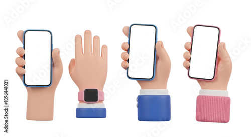3D Cartoon Hand Holding Smartphone with Blank Screen Modern Smartwatch Minimal Tech Illustration Mobile App Mockup isolated on PNG transparent background