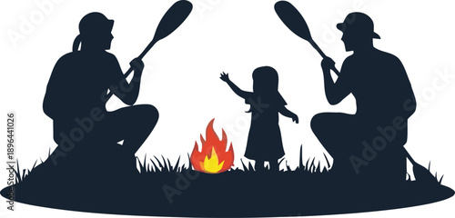 Family silhouette by campfire with oars