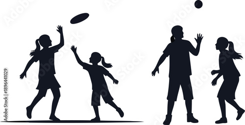 Four people playing with frisbees in a fun outdoor recreational activity