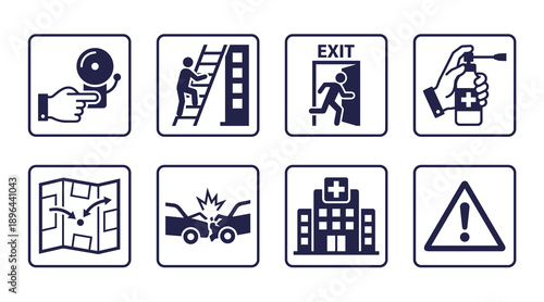 Collection of flat vector icons representing emergency procedures safety equipment evacuation routes medical assistance and accident warning signs for public information