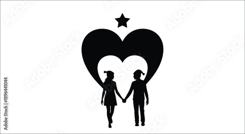 Couple holding hands beneath a heart shape a romantic silhouette