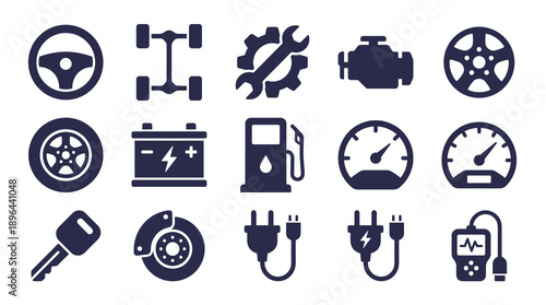 Comprehensive collection of automotive maintenance icons featuring mechanical parts engine components fuel station and electric car charging station symbols for garage services