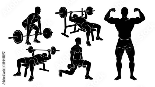 Black male silhouettes engaged in various strength training routines like weightlifting and bodybuilding exercises for fitness and health wellness