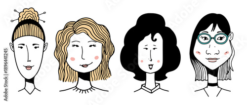 Four diverse female character portraits in minimalist hand-drawn illustration style. flat