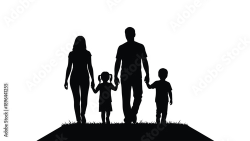 Family of four standing together against a white background silhouette