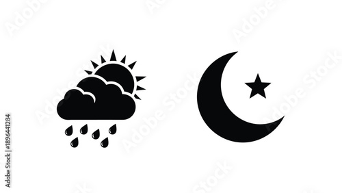 Weather icons depicting sun clouds moon and star black silhouette