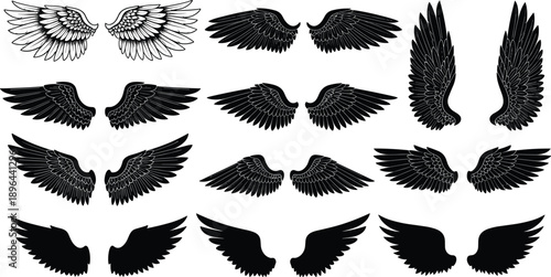 Angel wings silhouette collection featuring detailed black and white feather designs, symmetrical flying wings set for tattoo art, fantasy illustrations, spiritual symbols, and graphic design projects