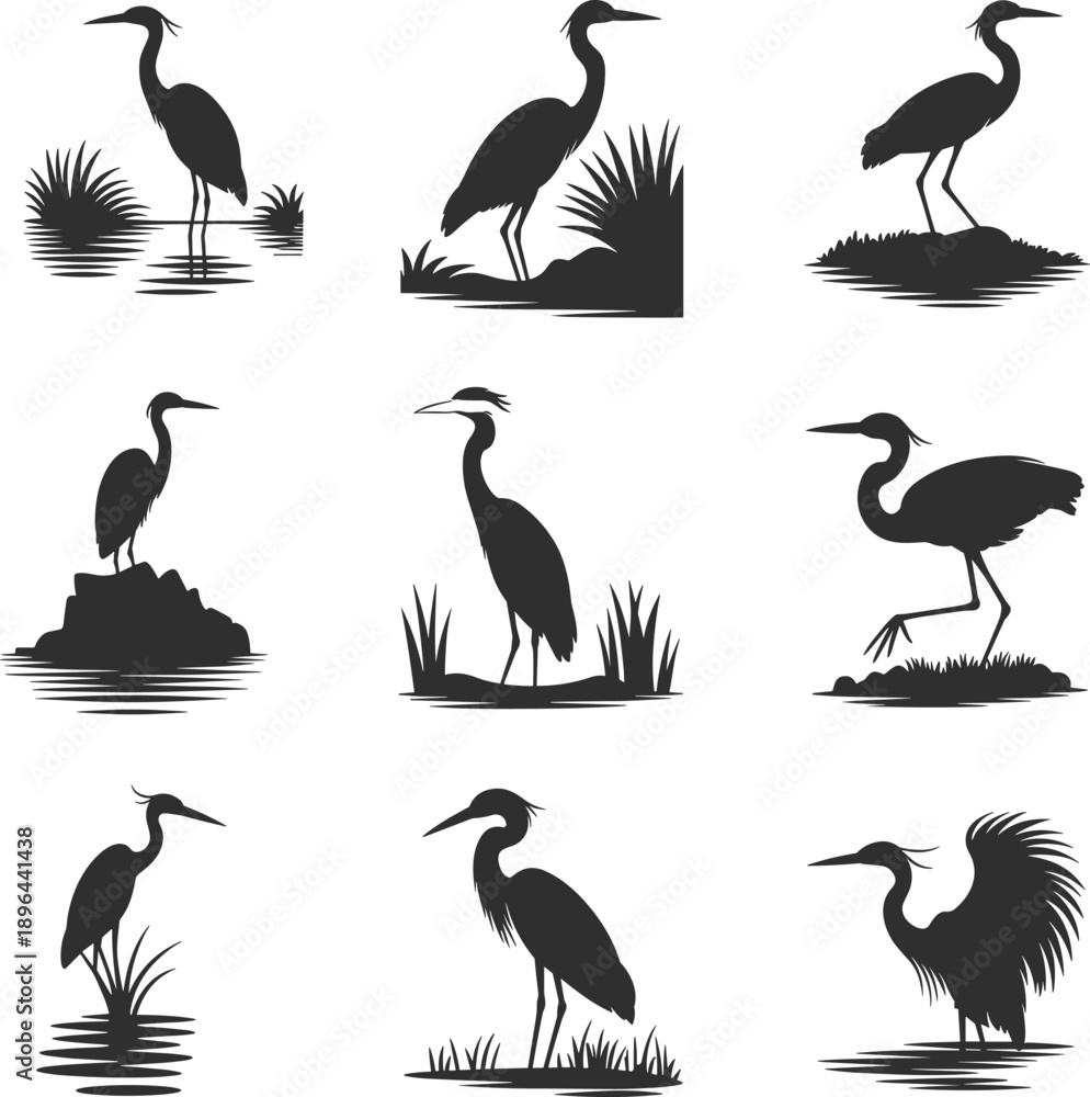 Fototapeta premium Set of Nine Minimalist Black Heron and Crane Bird Silhouettes Standing in Marsh Water with Wetland Reeds for Nature Design,