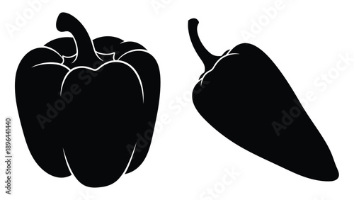 Black silhouettes of a bell pepper and chili pepper silhouette