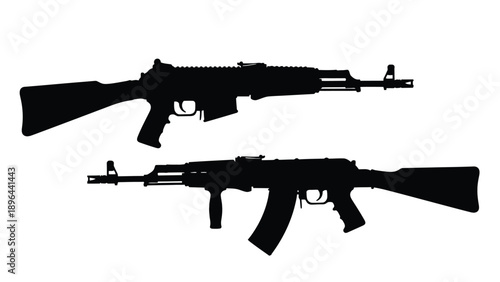 Two black silhouettes of assault rifles against a white background silhouette