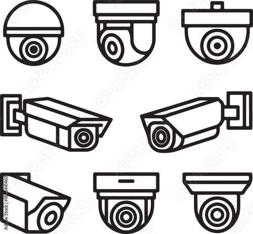 Outline icons of various security cameras for surveillance and monitoring systems Vector