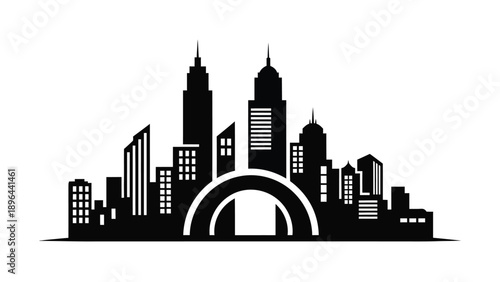 A striking black city skyline with an archway a bold silhouette