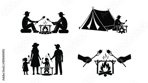 Camping scene with people roasting marshmallows around a campfire silhouette
