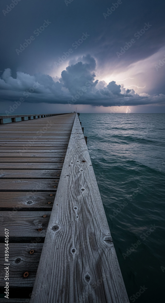 Fototapeta premium Perspective of a wooden pier leading into sea with lightning in distance, symbolizing power and nature's unpredictability, creating a sense of awe