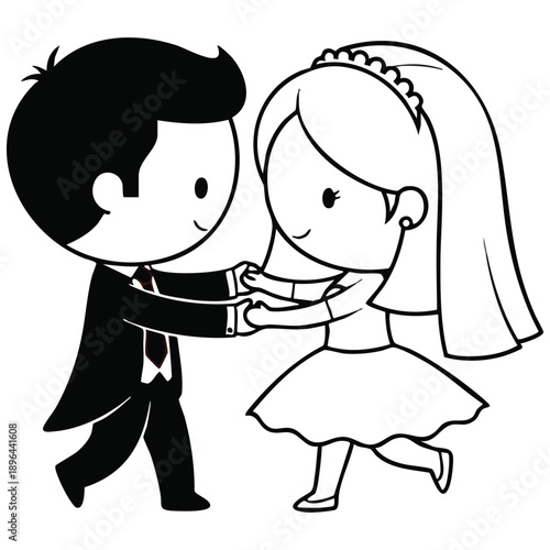 A charming, simplistic, vector-style illustration of a happy bride and groom dancing. The figures are stylized with large, round heads, small bodies, and minimal detail, reminiscent of a cute chibi ae