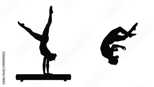 Two gymnasts performing dynamic routines captured in black silhouette