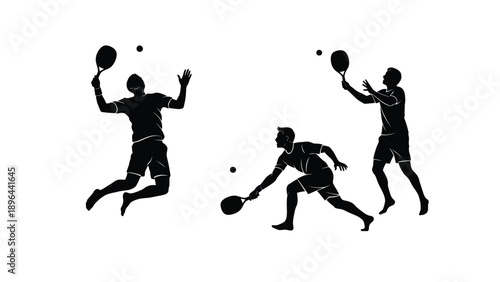 Tennis players in action dynamic poses captured in black silhouette