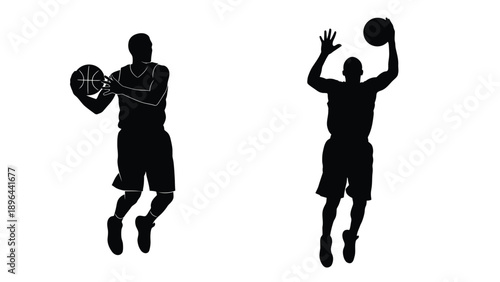 Two basketball players in dynamic poses a striking silhouette